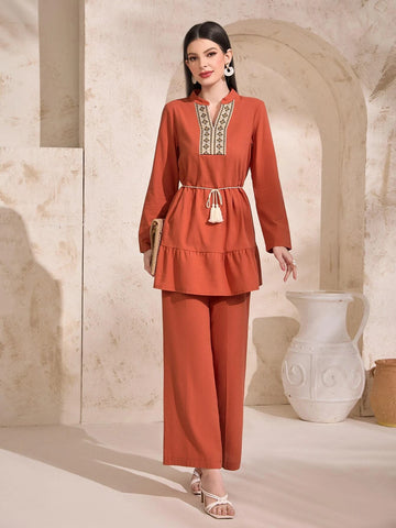 Contrast Tape Ruffle Hem Belted Blouse & Wide Leg Pants