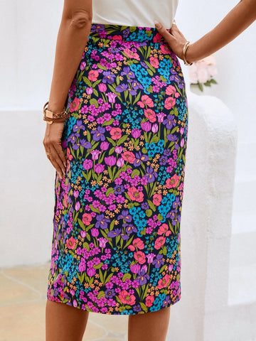 EMERY ROSE Allover Floral Print Knot Side Wrap Skirt
