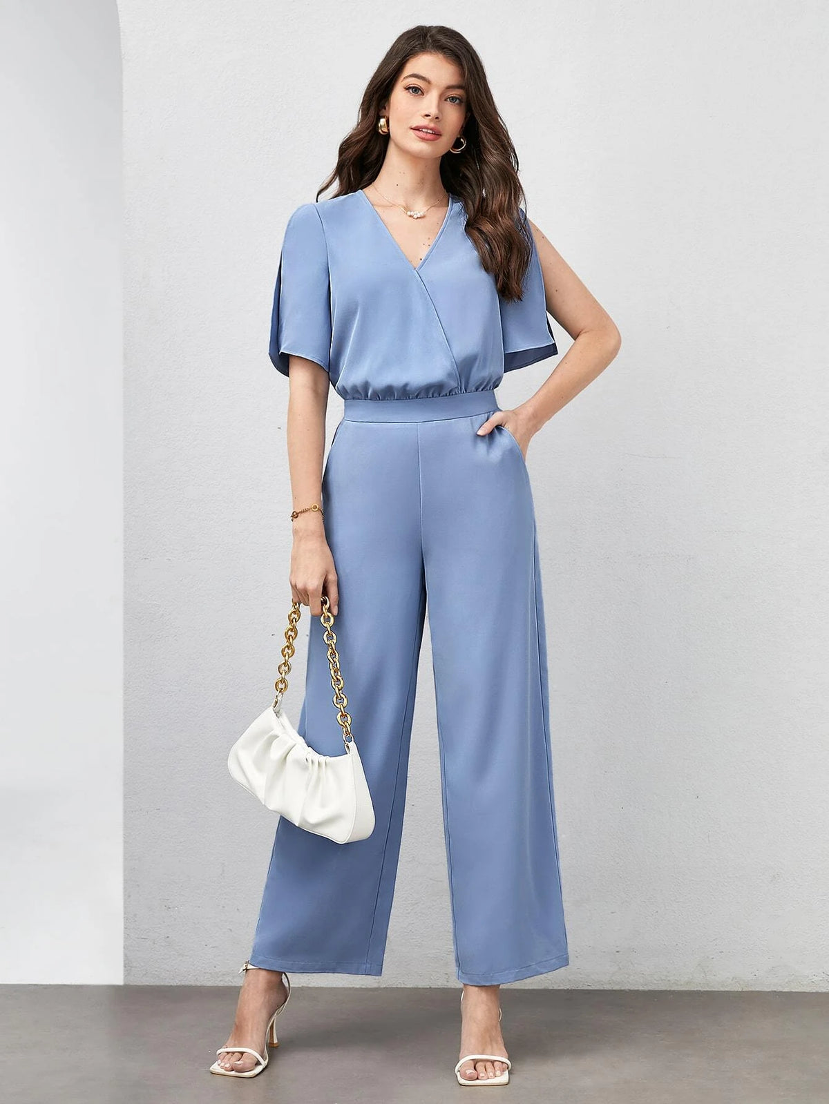 Surplice Neck Split Sleeve Wide Leg Jumpsuit