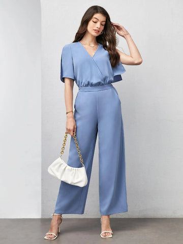 Surplice Neck Split Sleeve Wide Leg Jumpsuit