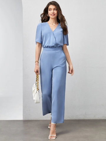 Surplice Neck Split Sleeve Wide Leg Jumpsuit