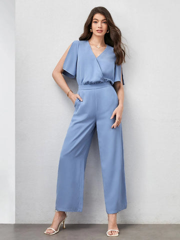 Surplice Neck Split Sleeve Wide Leg Jumpsuit