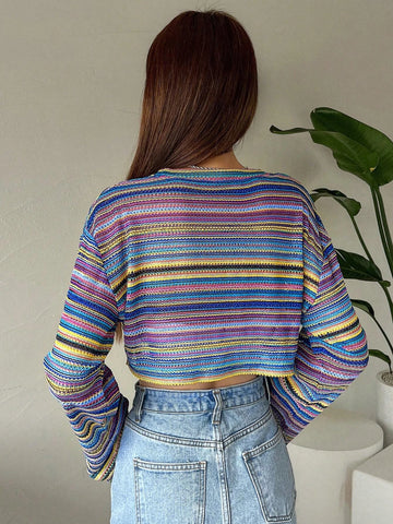 DAZY Striped Print Drop Shoulder Crop Tee