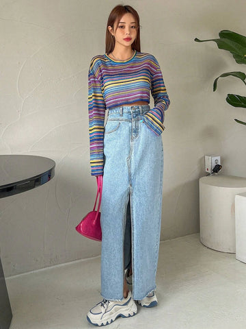 DAZY Striped Print Drop Shoulder Crop Tee