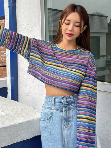 DAZY Striped Print Drop Shoulder Crop Tee