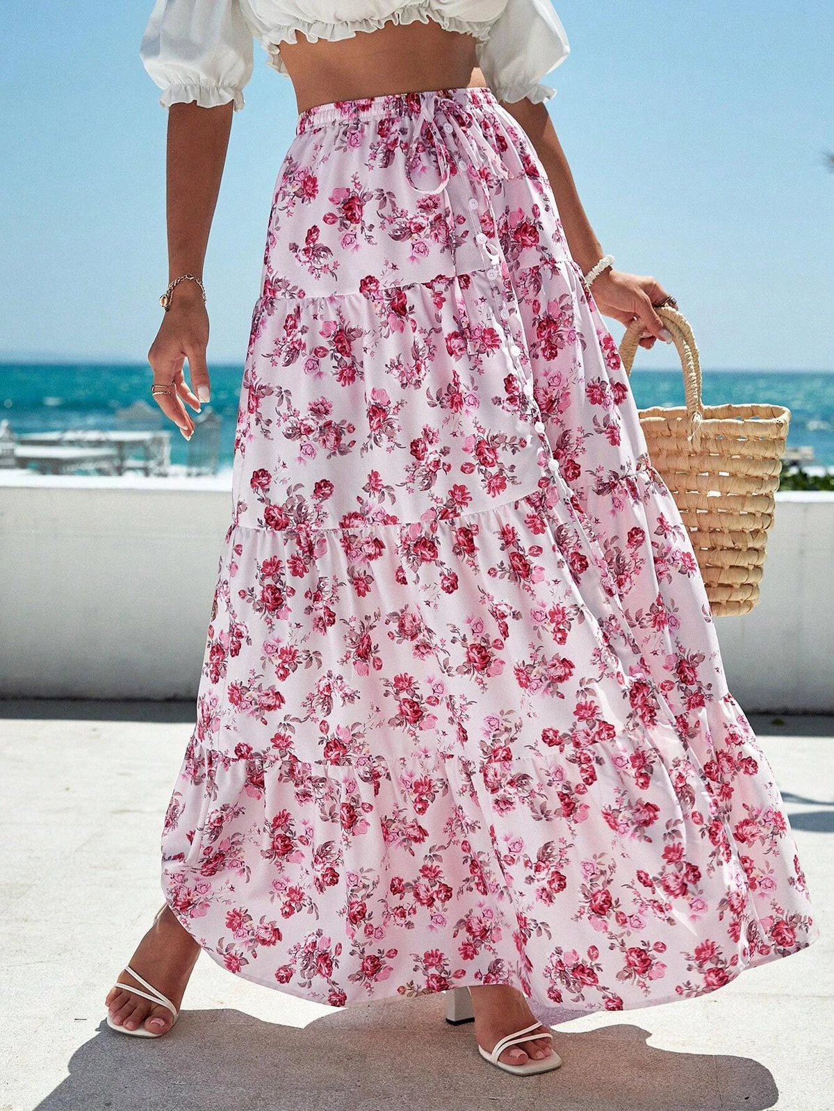 VCAY Allover Floral Print Ruffle Hem Maxi Skirt