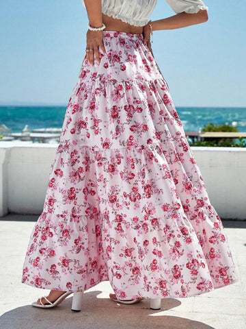 VCAY Allover Floral Print Ruffle Hem Maxi Skirt