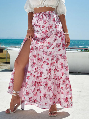 VCAY Allover Floral Print Ruffle Hem Maxi Skirt