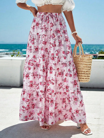 VCAY Allover Floral Print Ruffle Hem Maxi Skirt