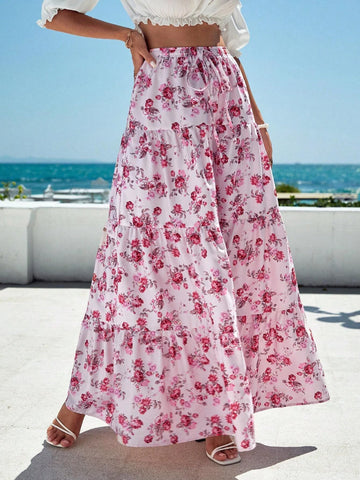 VCAY Allover Floral Print Ruffle Hem Maxi Skirt
