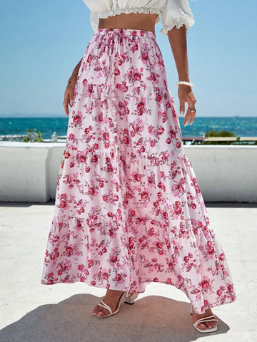 VCAY Allover Floral Print Ruffle Hem Maxi Skirt