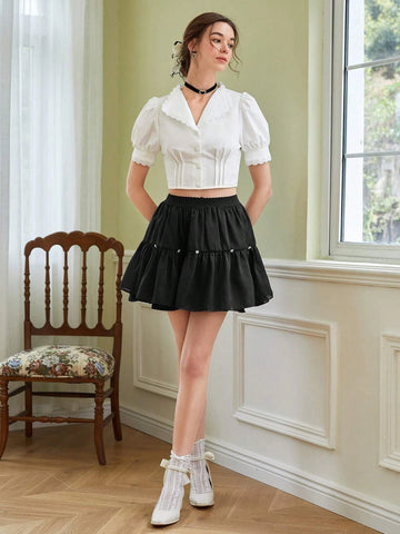 MOD Puff Sleeve Lace Trim Crop Shirt