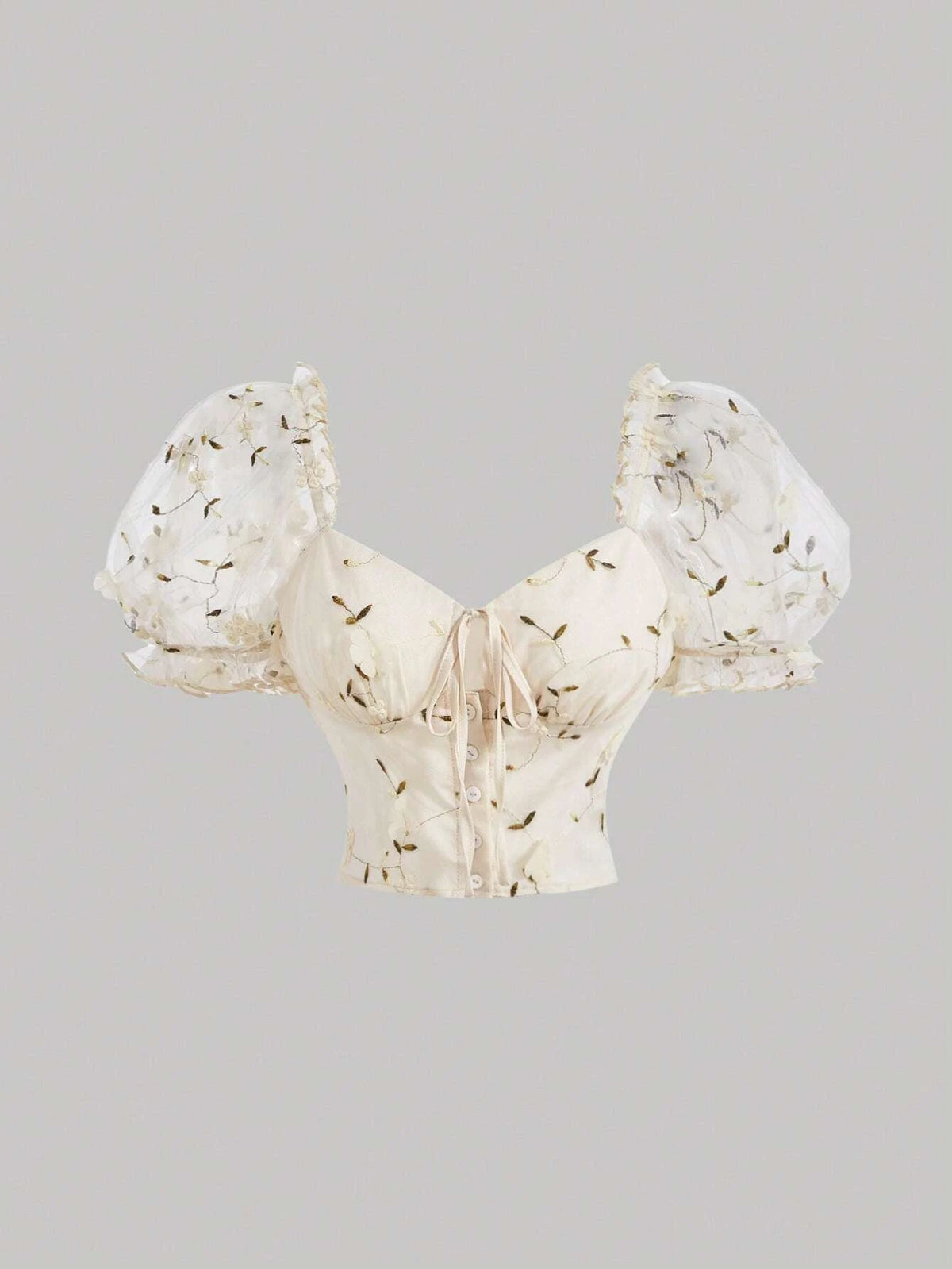 MOD Floral Embroidery Mesh Puff Sleeve Knot Front Crop Blouse