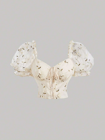 MOD Floral Embroidery Mesh Puff Sleeve Knot Front Crop Blouse