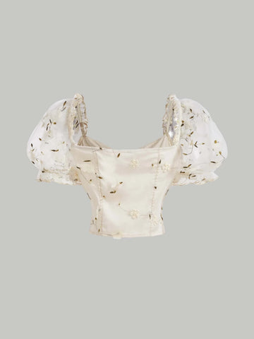 MOD Floral Embroidery Mesh Puff Sleeve Knot Front Crop Blouse