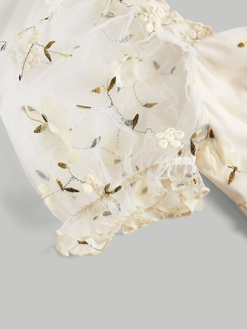 MOD Floral Embroidery Mesh Puff Sleeve Knot Front Crop Blouse
