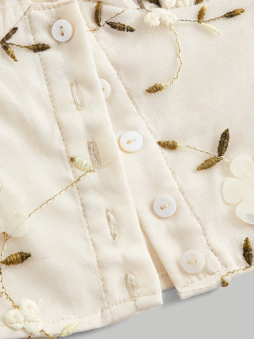 MOD Floral Embroidery Mesh Puff Sleeve Knot Front Crop Blouse