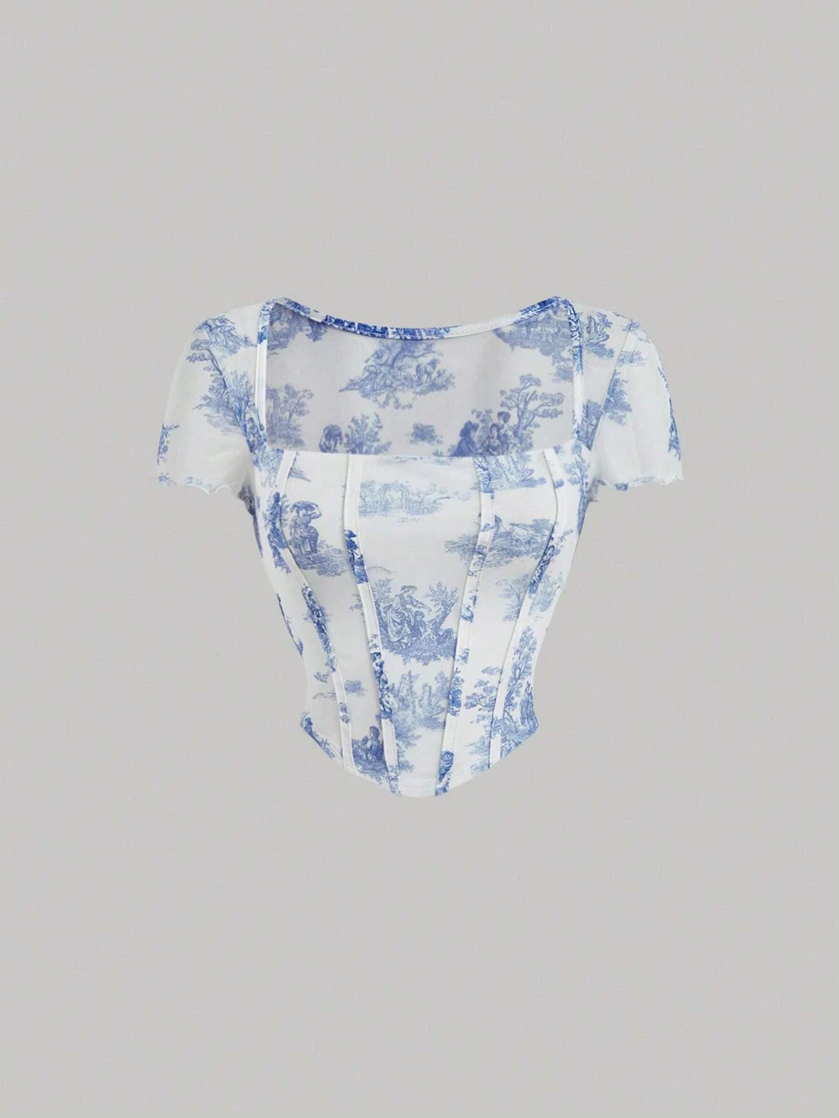 MOD Landscape Print Square Neck Lettuce Trim Curved Hem Tee