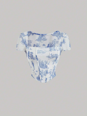 MOD Landscape Print Square Neck Lettuce Trim Curved Hem Tee