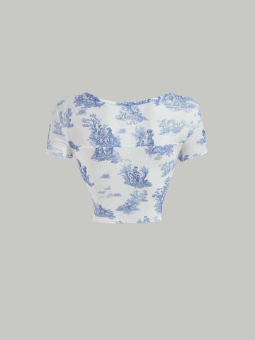 MOD Landscape Print Square Neck Lettuce Trim Curved Hem Tee