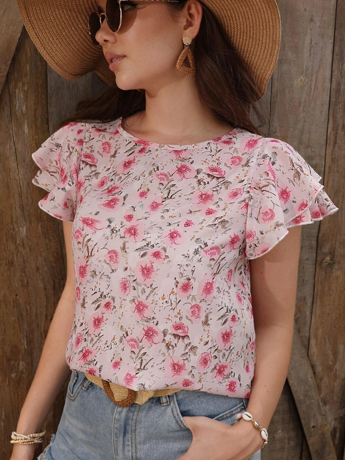 EMERY ROSE Floral Print Butterfly Sleeve Blouse