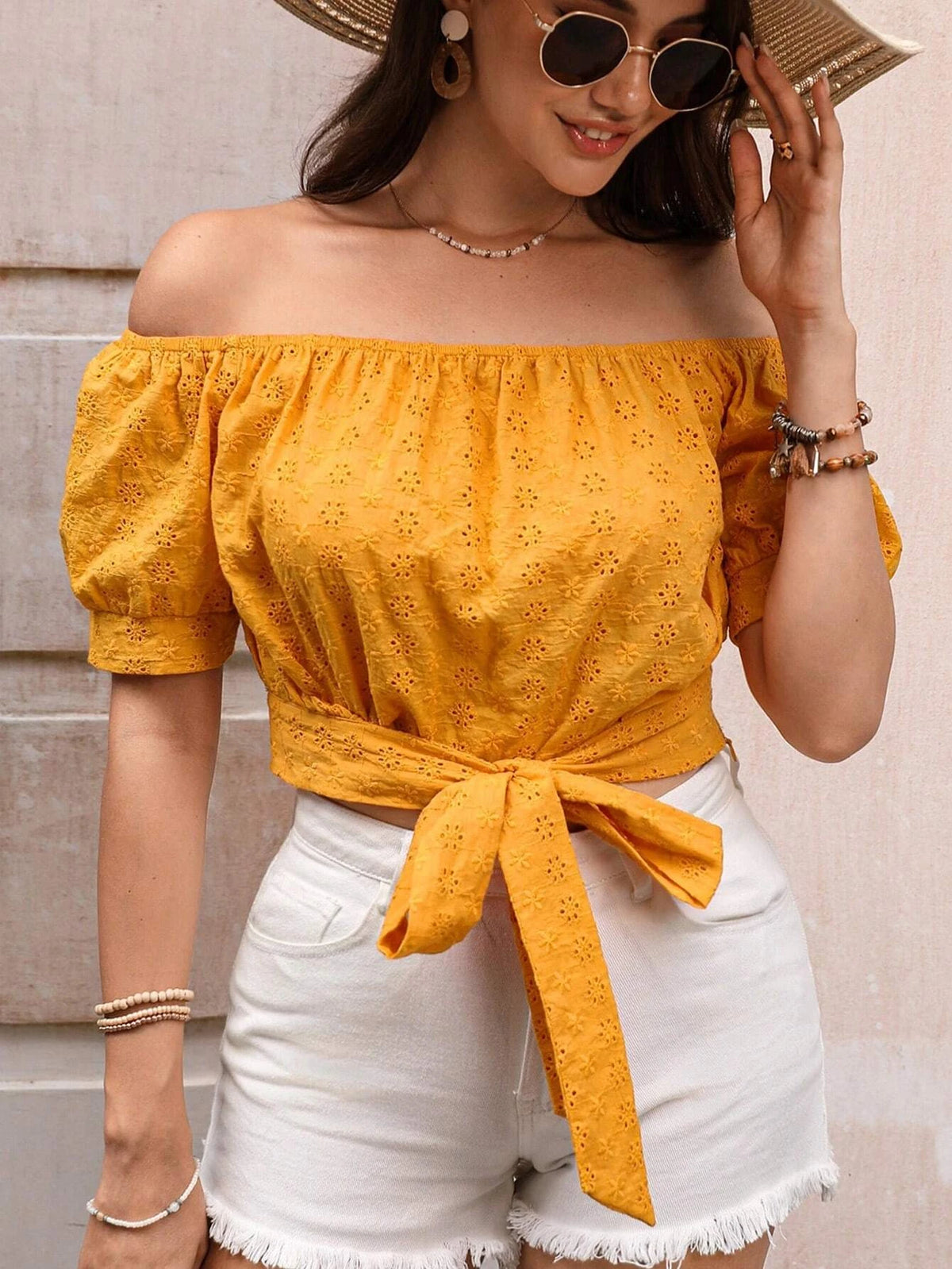 EMERY ROSE Off Shoulder Knot Hem Schiffy Blouse