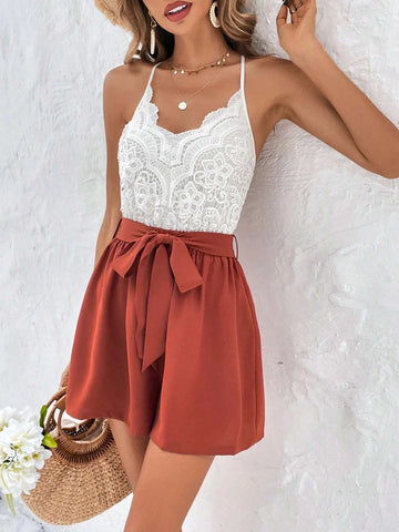 Contrast Lace Belted Cami Romper