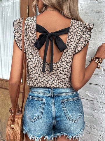 EMERY ROSE Allover Print Tie Back Ruffle Trim Blouse
