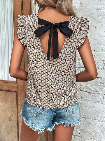 EMERY ROSE Allover Print Tie Back Ruffle Trim Blouse
