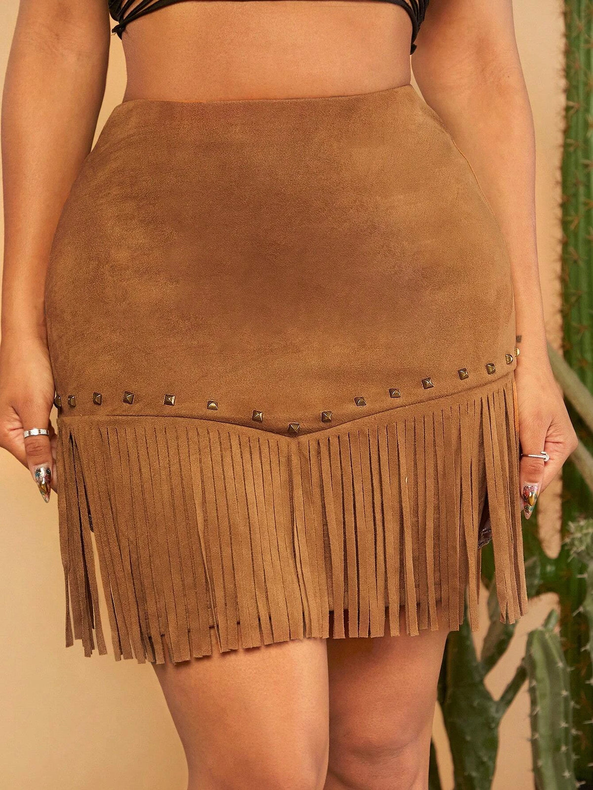 SXY Studded Detail Fringe Hem Suedette Skirt