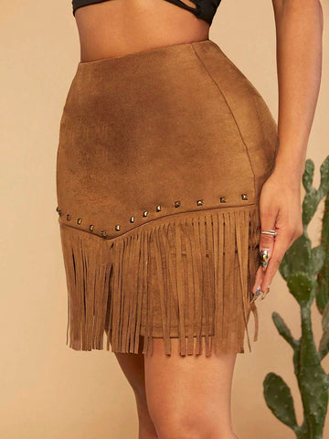 SXY Studded Detail Fringe Hem Suedette Skirt