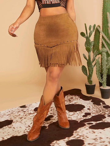 SXY Studded Detail Fringe Hem Suedette Skirt