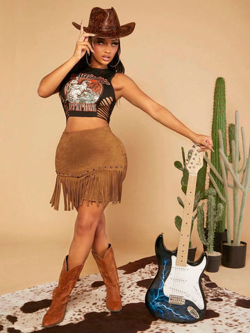 SXY Studded Detail Fringe Hem Suedette Skirt