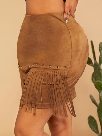 SXY Studded Detail Fringe Hem Suedette Skirt