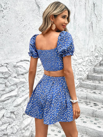 Ditsy Floral Print Puff Sleeve Twist Crop Top & Shorts