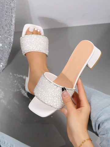 Women Rhinestone Decor Single Band Heeled Sandals, Glass Chunky Heeled Glamorous Mule Sandals For Outdoor