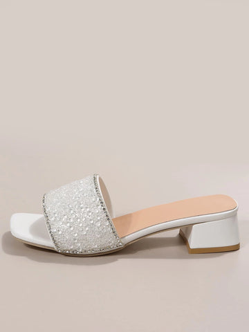 Women Rhinestone Decor Single Band Heeled Sandals, Glass Chunky Heeled Glamorous Mule Sandals For Outdoor