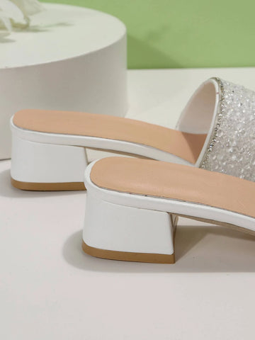 Women Rhinestone Decor Single Band Heeled Sandals, Glass Chunky Heeled Glamorous Mule Sandals For Outdoor