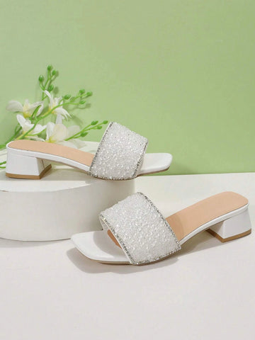 Women Rhinestone Decor Single Band Heeled Sandals, Glass Chunky Heeled Glamorous Mule Sandals For Outdoor