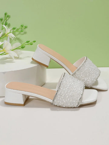 Women Rhinestone Decor Single Band Heeled Sandals, Glass Chunky Heeled Glamorous Mule Sandals For Outdoor
