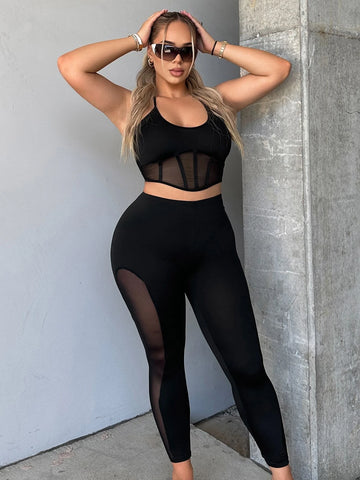 Contrast Mesh Crop Tank Top & Leggings