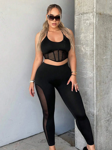 Contrast Mesh Crop Tank Top & Leggings