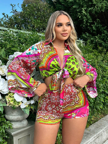 Scarf Print Knot Front Crop Top & Shorts