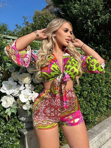 Scarf Print Knot Front Crop Top & Shorts
