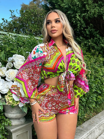 Scarf Print Knot Front Crop Top & Shorts