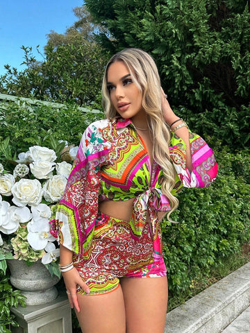 Scarf Print Knot Front Crop Top & Shorts