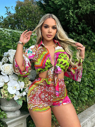 Scarf Print Knot Front Crop Top & Shorts