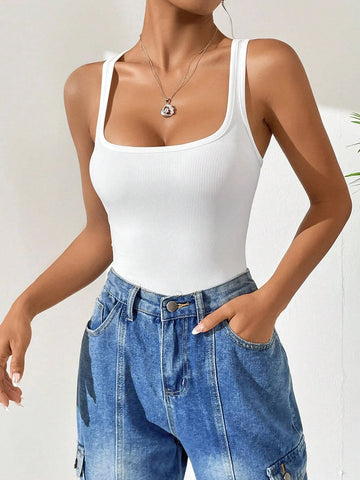 Solid Ribbed Knit Tank Bodysuit