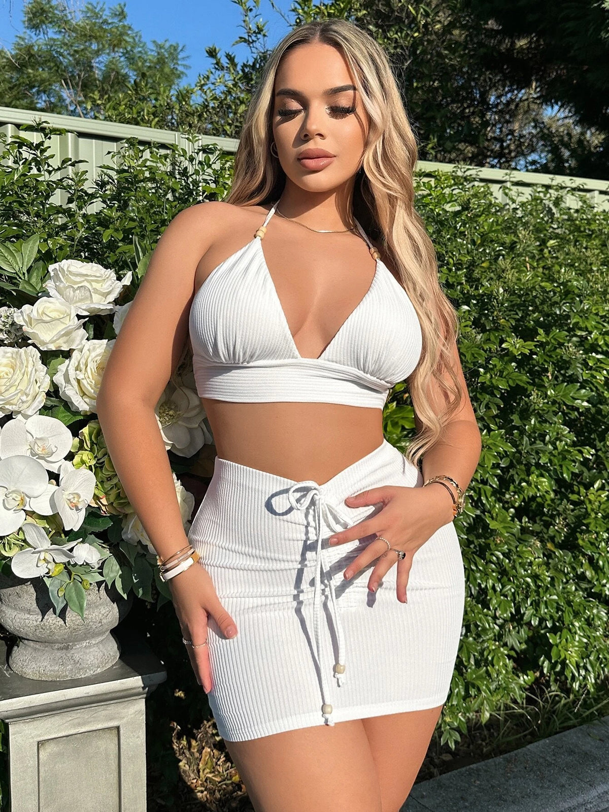 Tie Backless Halter Top & Drawstring Front Bodycon Skirt