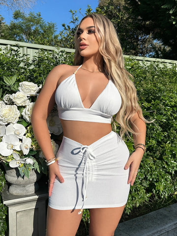 Tie Backless Halter Top & Drawstring Front Bodycon Skirt